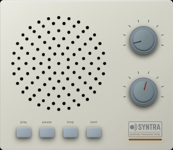 a <abbr>UI</abbr> resembling a cassette player, with a speaker grille, four buttons and two knobs